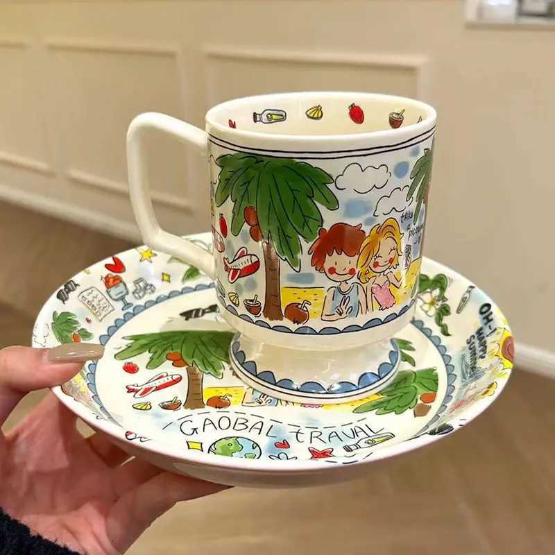 Vigorous Girls High Cup French Coffee Cup Handpainted Cute Cartoon Task Breakfast Bowl Handmade Tea Cup Saucer Set Cute Gift M251206 - view 6
