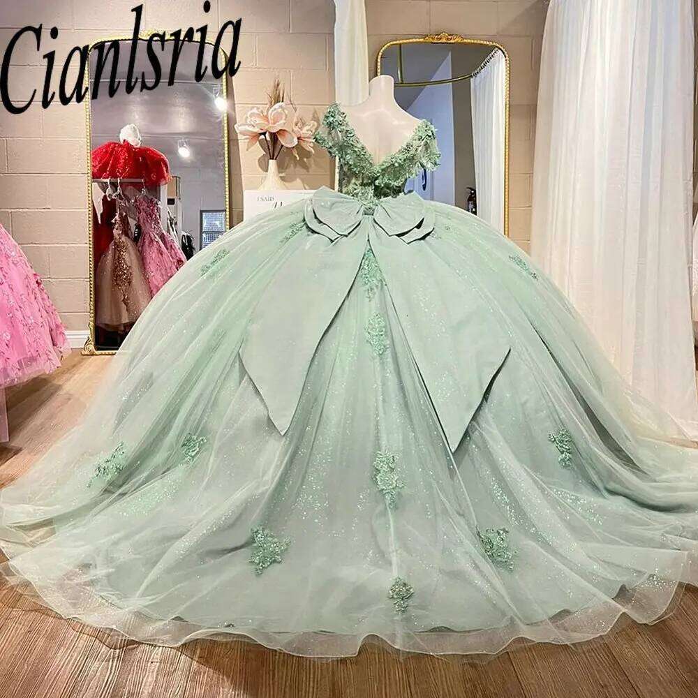 Mint Green Illusion Bow Back Quinceanera Dresses Ball Gown Off The Shoulder Beading Appliques Lace Sweet Birthday