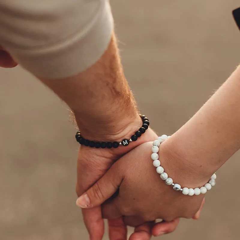 Initial Bracelet for Men and Woman Black Onyx 6mm Beads Bracelet with Letter Relationship Jewelry for Couples Alphabet bracelet W251206