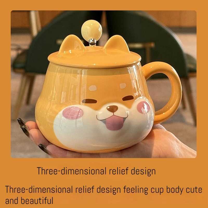 Cute Cartoon Anime Peripheral Dog Doll Model Creative With Cover High Aesthetic Value Home Office Ceramic Milk Coffee Cup Gift M251206 - view 5