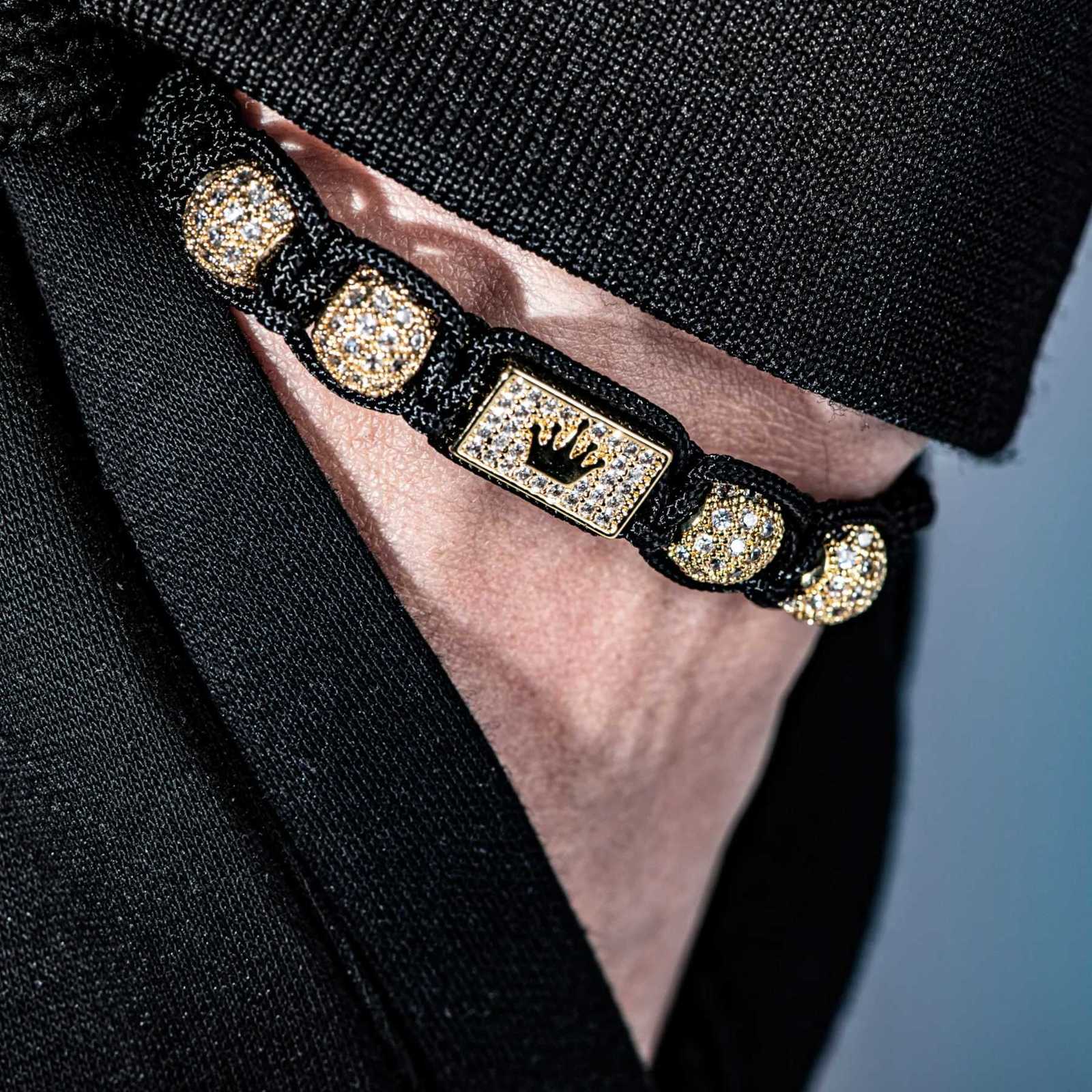 New Mens Adjustable Black Braided Crown Design Bracelet with Sparkling Synthetic Zirconia Stones Elegant GoldenTone Rectangular W251206