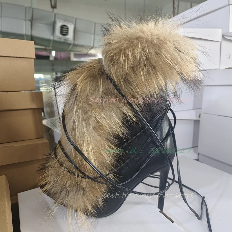 Pointed Toe Fur Mid Calf Boots Stiletto Heels Ankle Straps Fashion Warm Shoes In Winter Solid Plush Sexy Party Dress Shoes 251204