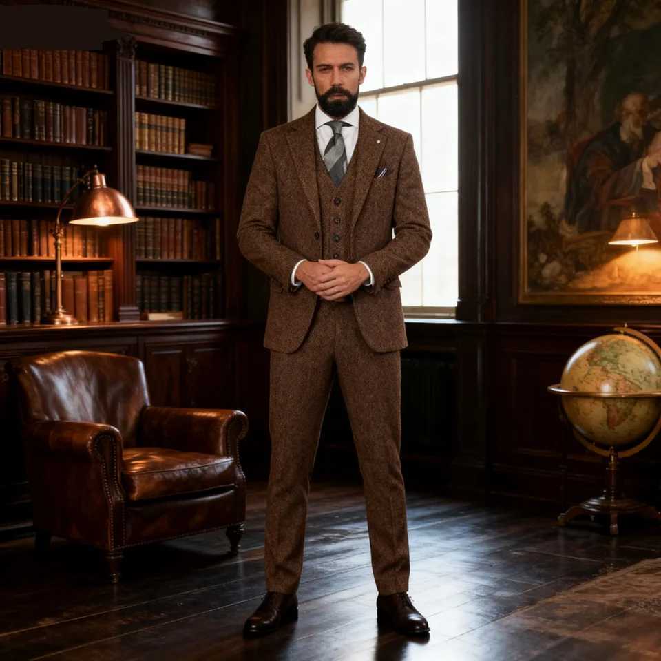 Mens Winter Tweed Wool Grey Slim Fit Formal Wedding Terno Fishbone 3 Piece Smoking Suit Male Ternos Ca G251206