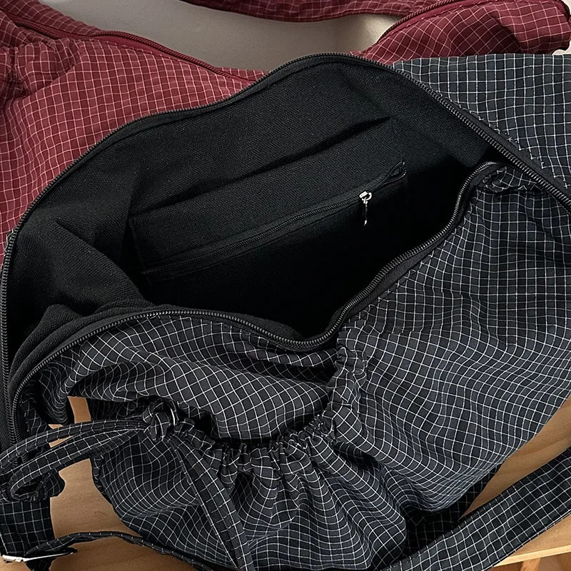 Retro Plaid Hobos Shoulder Bags for Women Drawstring Pocket Nylon Dumpling Bag Large Capacity Portable Travel Messenger Bag 251202
