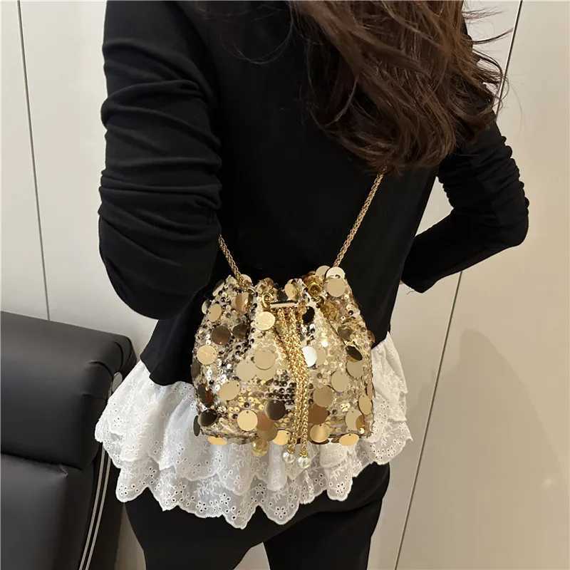 Sequin Chain Womens Portable Bucket Shoulder Bags Retro Ladies Dinner Party Clutch Purse Luxury Design Female Crossbody BagT251206