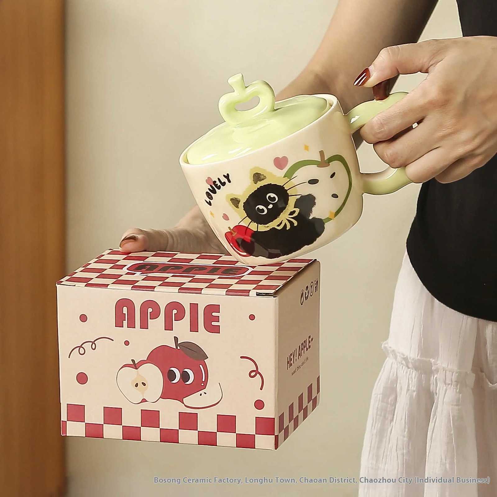 Apple Shape Black Cat Pattern Ceramic Mug with Lid Coffee Milk Teacup with Hand Gift Kitchen Home M251206 - view 4