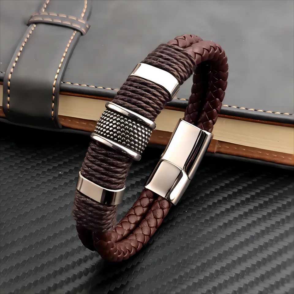 Luxury Vintage Multilayer Brown Genuine Leather Men Bracelet Stone Bead Bracelet Stainless Steel Jewelry Male Wrist Bangle Gift W251206