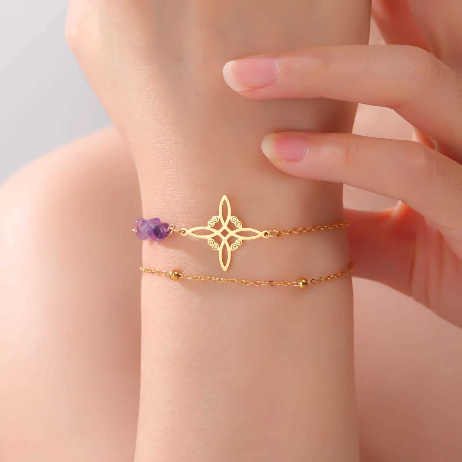 Teamer Purple Crystal Witch Knot Pendant bracelet Women Stainless Steel Beads Chain Vintage Amulet Witchcraft Jewelry Gift New W251206