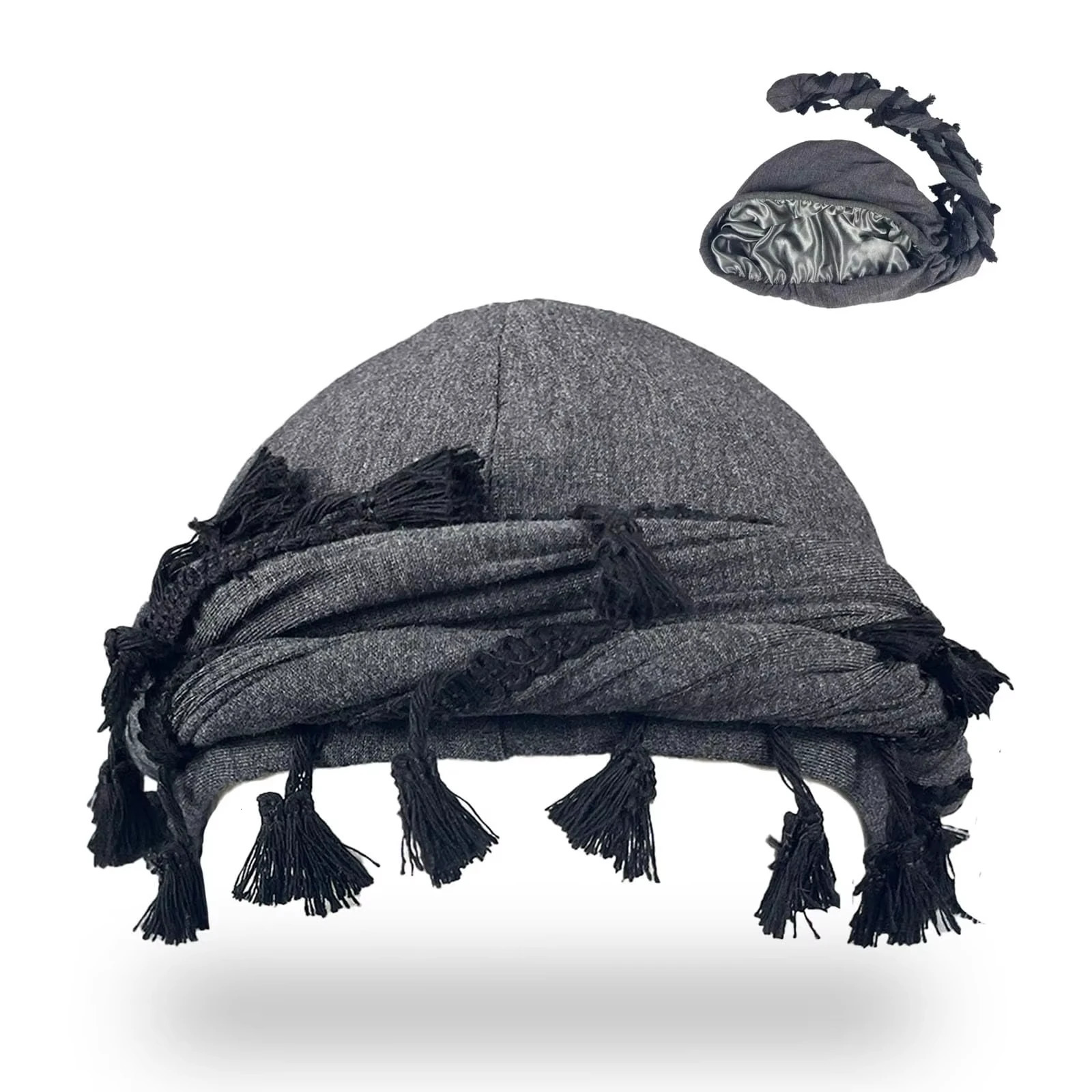 2026 Vintage Twist Head Wraps Durag With Tassel for Men Black Grey Turban Scarf Tie Boys Hair Wrap 251205