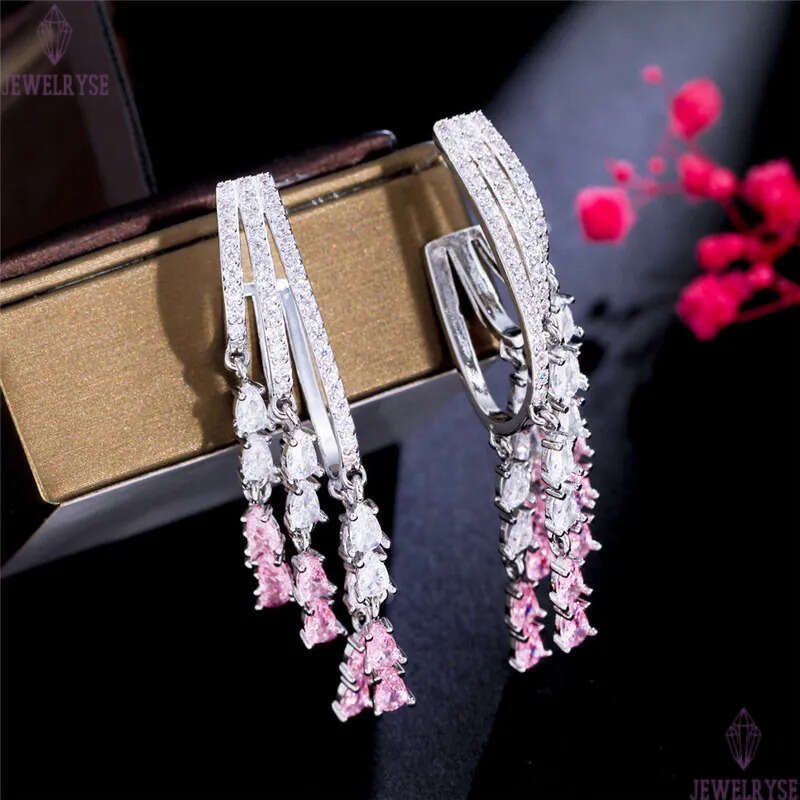 Charm Long Tassel Pink AAA Zirconia Cubic Earring Designer for Woman Party 925 Sterling Silver Post Diamond Earrings South American Wedding Engagement
