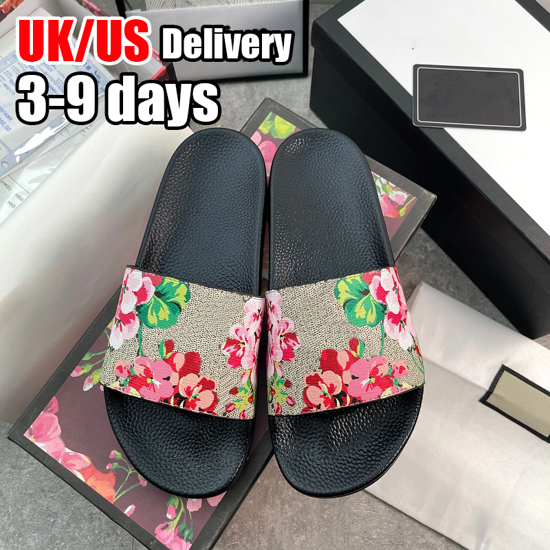 Designer Sandals Mens Womens Slides claquettes Rubber Slippers Slide Sandal Black White Blooms Floral Flat Gear sole Luxury Sliders Summer Beach shoes size 36-45