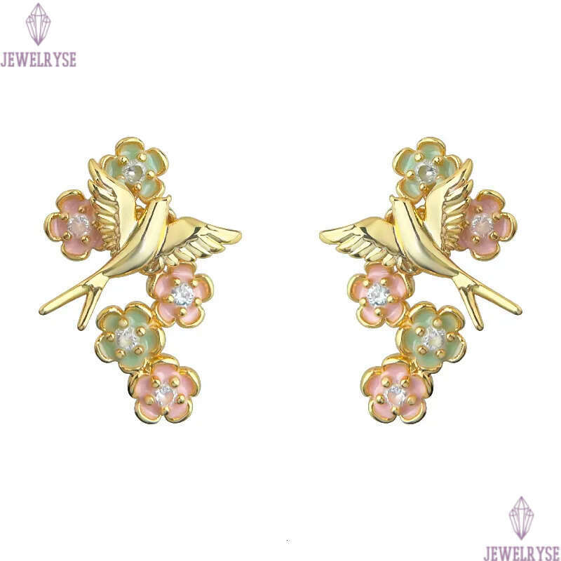 original vintage 18k gold bird flower stud designer earring for woman party travel charm earrings women ear clip jewelry S925 silver needle womens fam