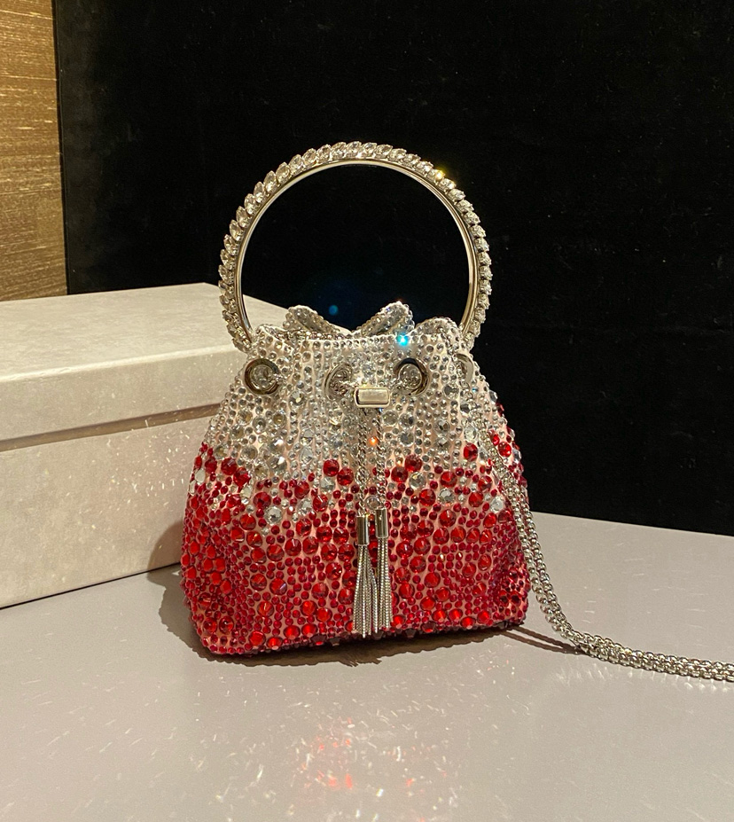 Luxury BON BON Crystal Satin Bucket Bag, Designer Evening Handbag with Metal Tassel, Elegant Bracelet Top Handle Purse, Shiny Gradient Rhinestone Tote for Women
