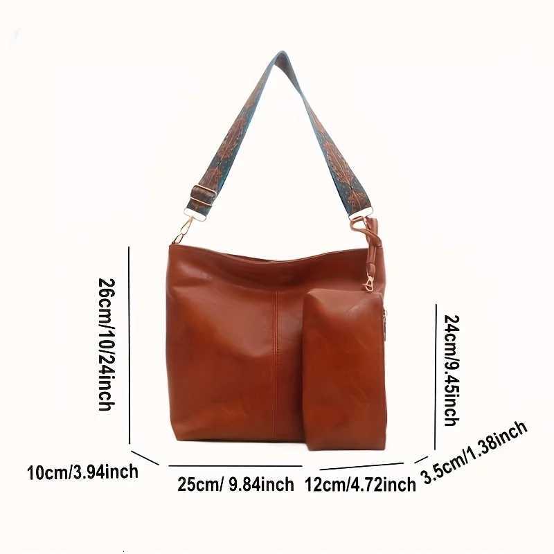 Retro PU Material Womens Bucket Tote Bag Set Adjustable Wide Strap for Daily Need with Fashion Zipper Closure Polyester LiningT251205