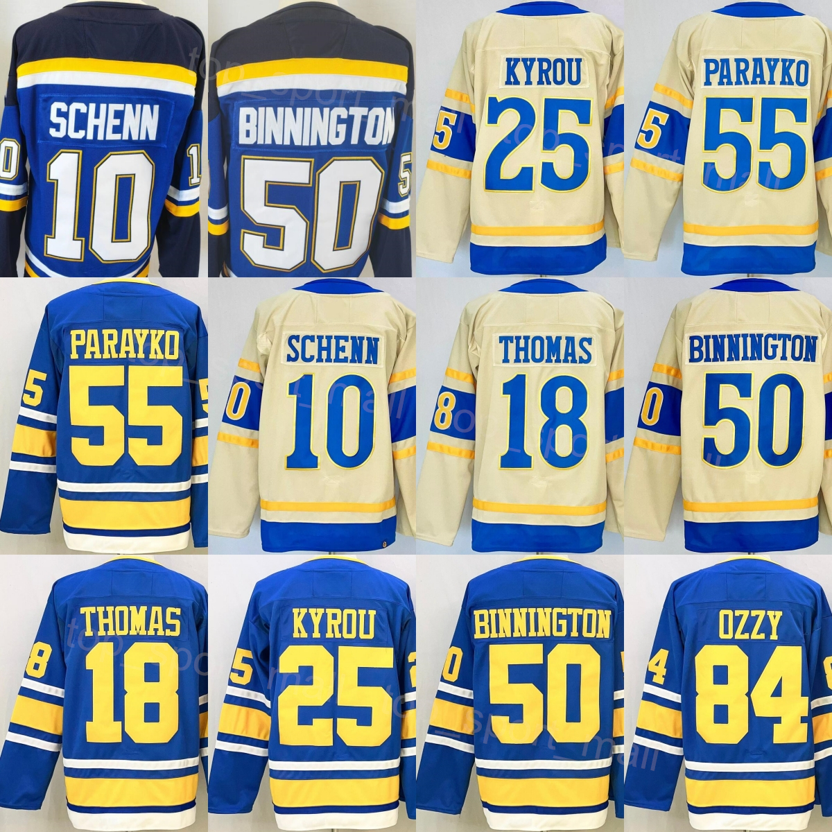 Man 2026 Hockey 50 Binnington Jerseys Alternate 55 Colton Parayko 10 Brayden Schenn 18 Robert Thomas 25 Kyrou Heritage Classic Winter Reverse Retro Blue Beige Team