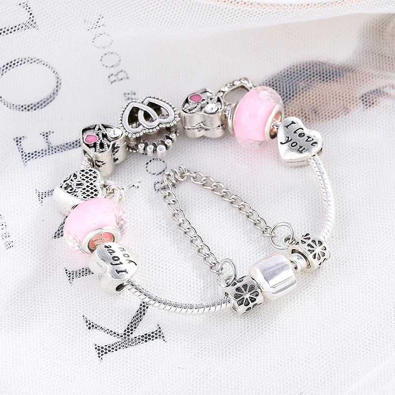 BAOPN European Pink Heart To Heart Beads Charm Bracelets For Women Fit Brand Bracelet Bangle Couple Jewelry Dropshipping W251206