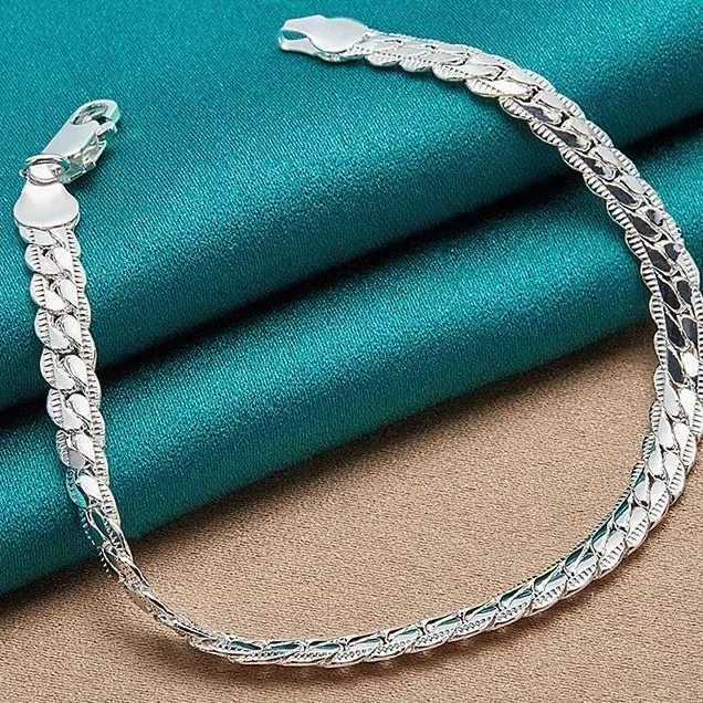 925 Sterling Silver Bracelet 6mm 18/20cm Flat Side Chain Lobster Clasp Bracelet For Woman Man Party Wedding Jewelry Holiday Gift W251206
