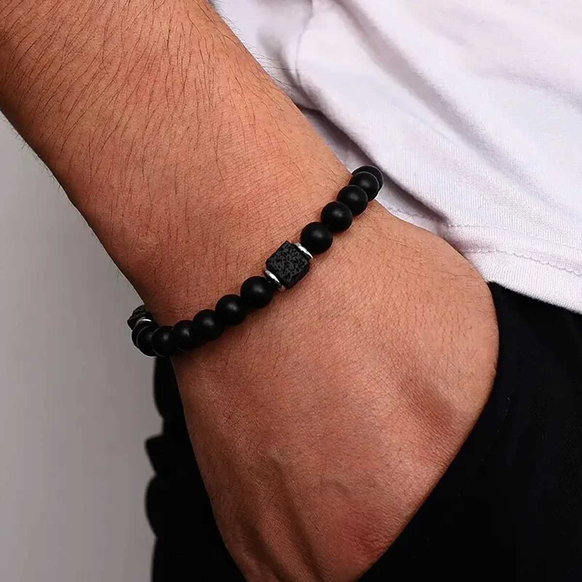 Black Onyx Lava Bracelet - Matte Cube Gemstone Stretch Band for Men/Women Yoga Balance Energy Healing Jewelry Grounding W251206