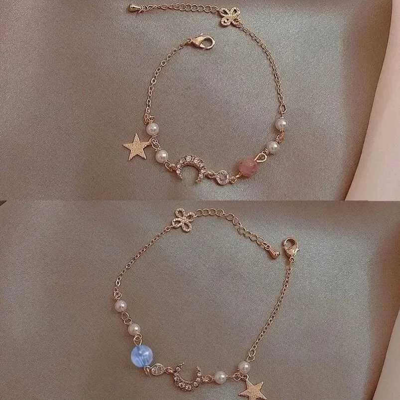 Girls Gold Color Zircon Star Moon Pearl Bracelet Simple Geometric Fashion Women Chain Bracelets Charming Elegant Jewelry Gift W251206