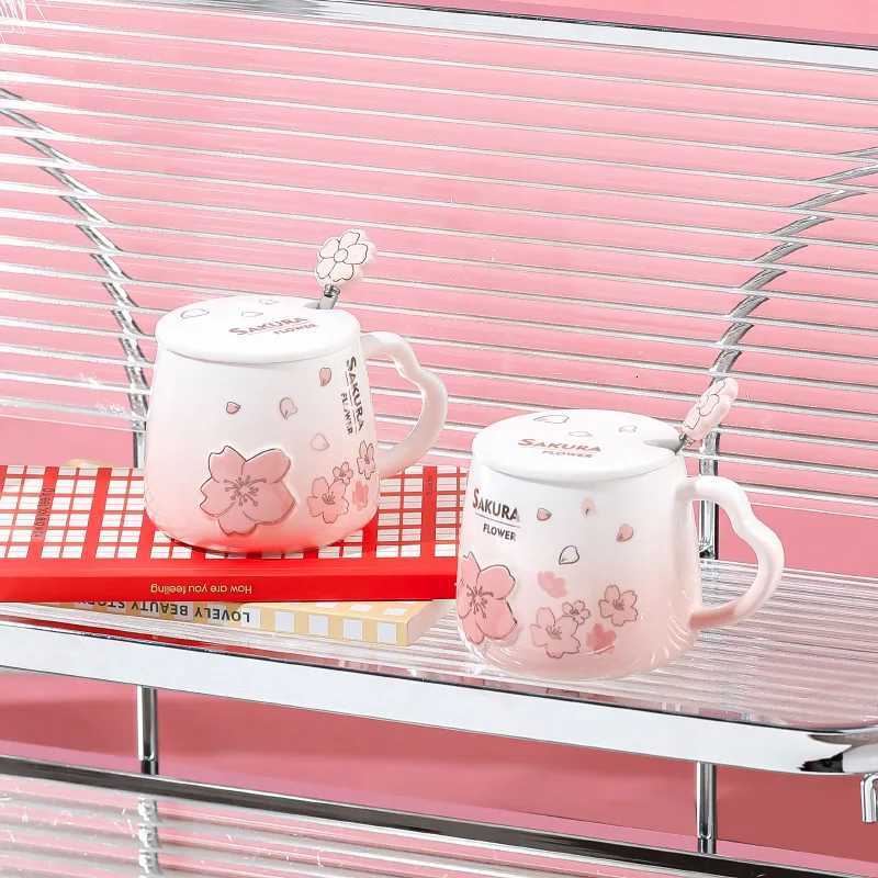 Japanese Pink Cherry Blossom Ceramic Mugs Coffee Cups Milk Breakfast Mug with Lid Spoon Water Cup Office Tea Cup M251206 - view 4