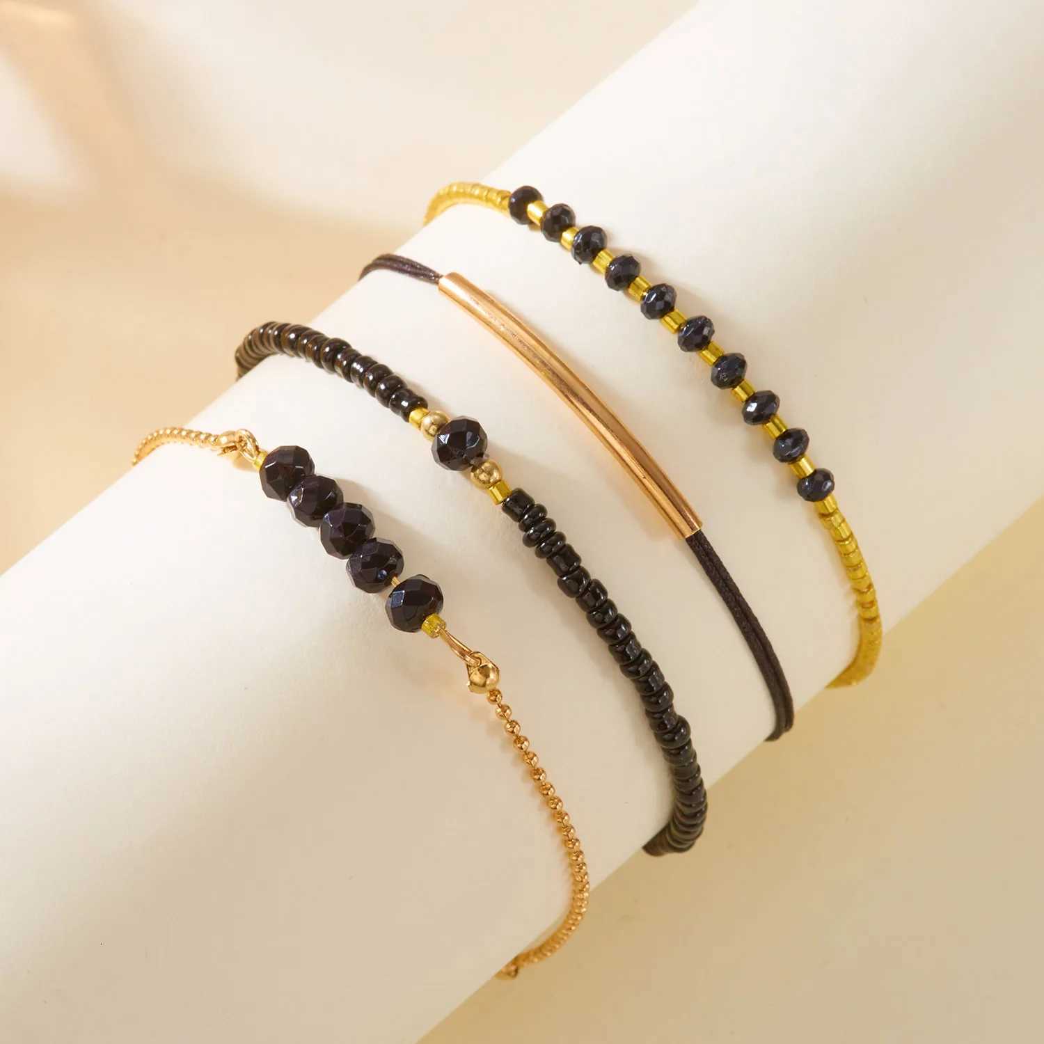 Handmade Black Glass Stone Bracelet Set For Women Bohemian Multilayer Stacked Rice Beaded Link Chain Bangle Fashion Jewelry W251206