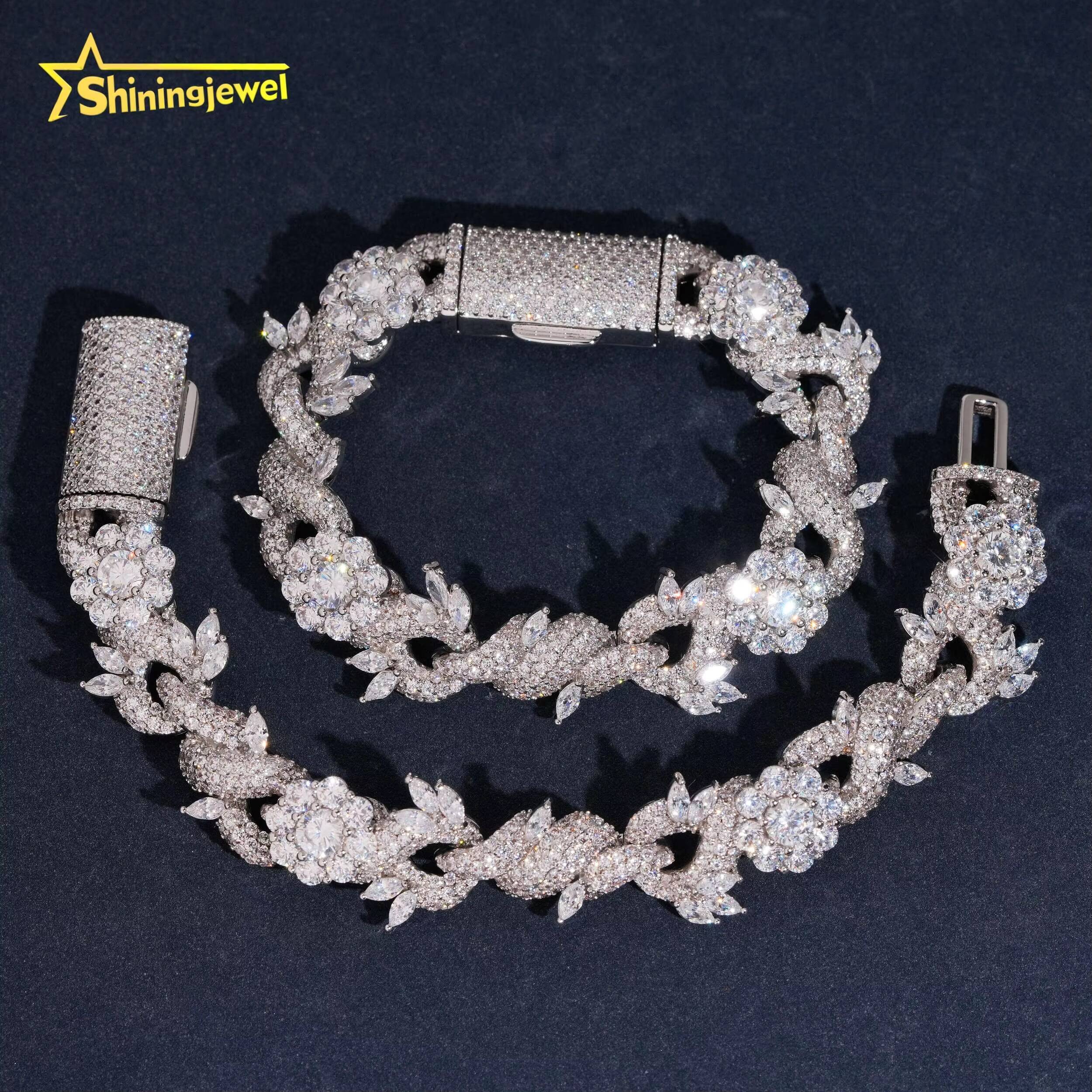 15mm Flower and Leaf Design Moisasnite Cuban Bracelet 925 Silver Moissanite Diamond Bracelet Iced Out Jewelry