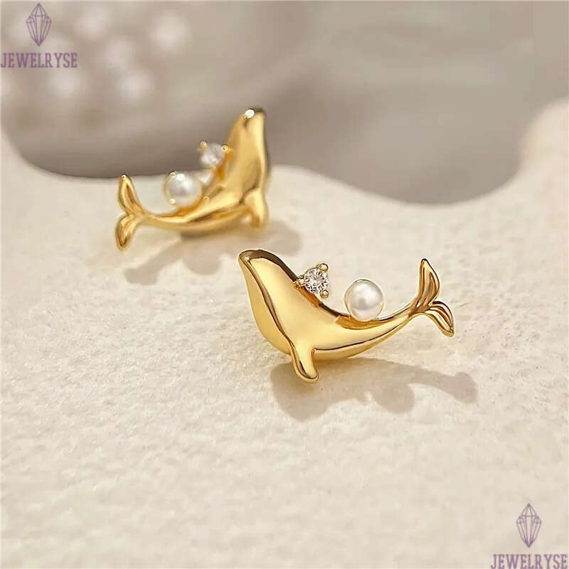 luxury 18k gold dolphin designer stud earring for woman ear clip AAA cubic zirconia pearl diamond earrings womens jewelry S925 silver needle party gir