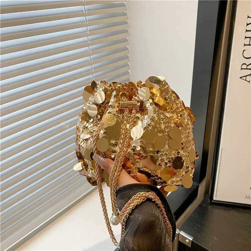 Sequin Chain Womens Portable Bucket Shoulder Bags Retro Ladies Dinner Party Clutch Purse Luxury Design Female Crossbody BagT251206
