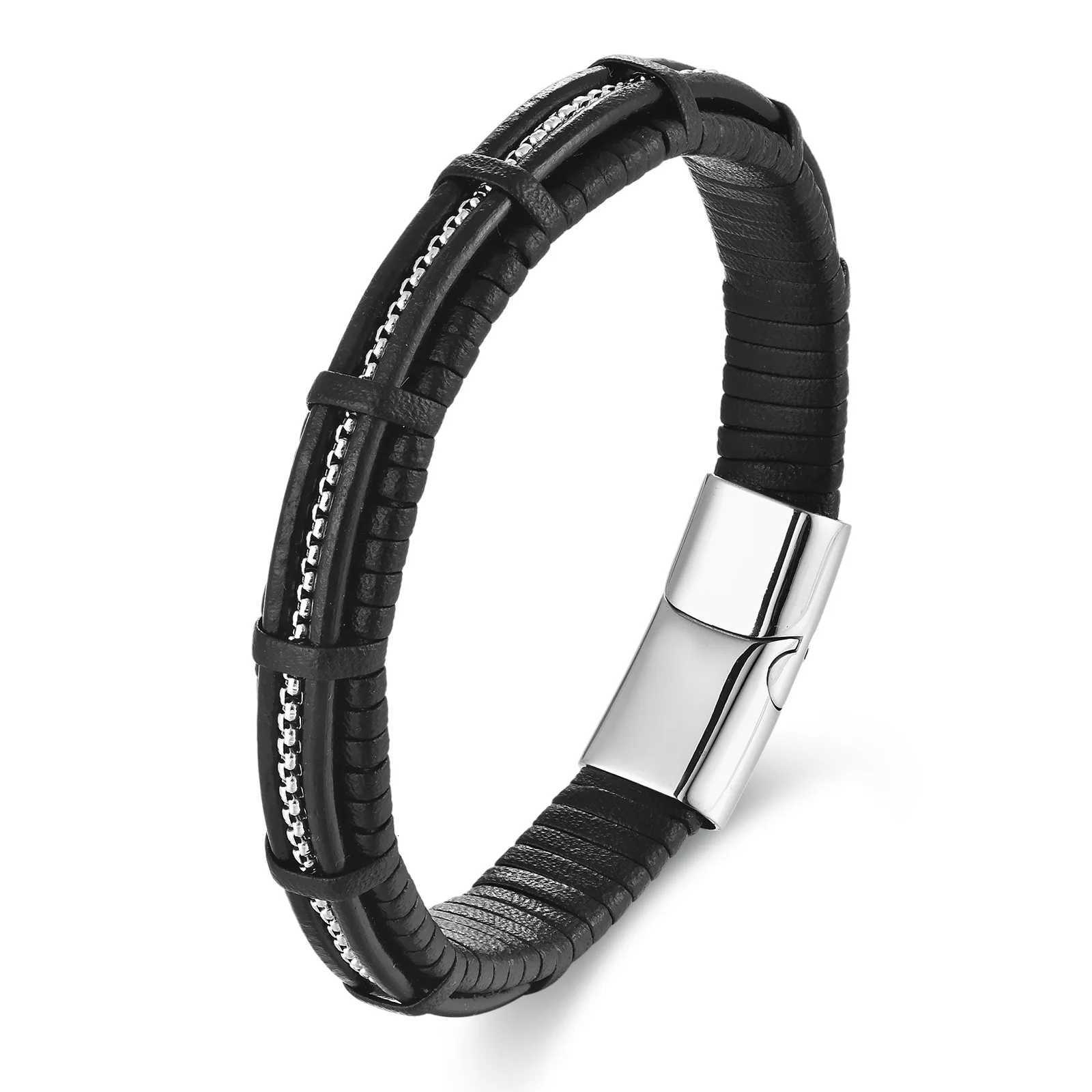 Stainless Steel Genuine Leather Bracelet Simple Mens Fashion Bracelet Original Magnet Bracelet Gift Accessory Fathers Day W251206