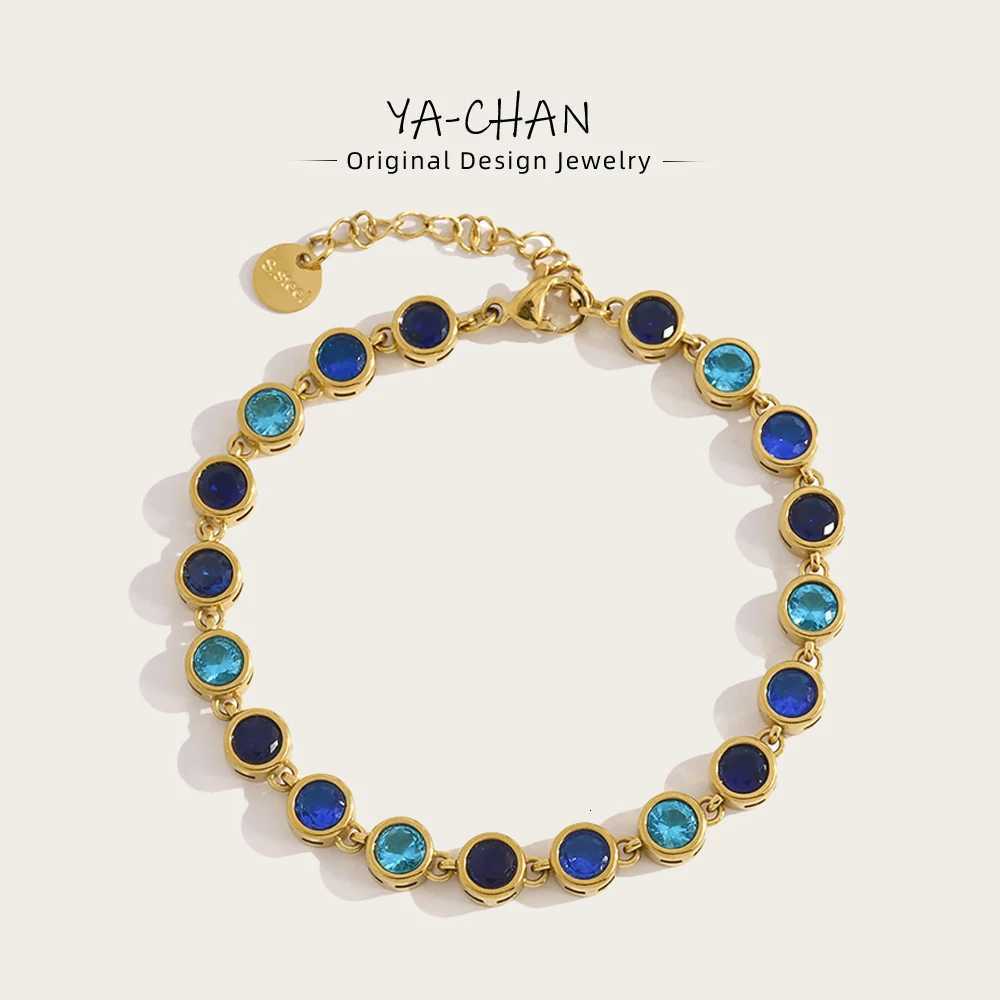 YACHAN Luxury Blue Zircon Crystal Bracelet for Women Chic 18K Gold Plated Stainless Steel Trendy Waterproof Jewelry W251206