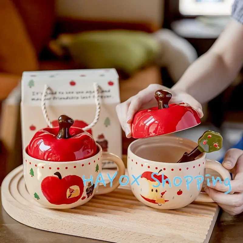 Christmas Apple Ceramic Cup Vintage Girls Apple Cup with Lid and Spoon MugChristmas Gift Coffee Couple Milk Breakfast Mugs M251206 - view 4