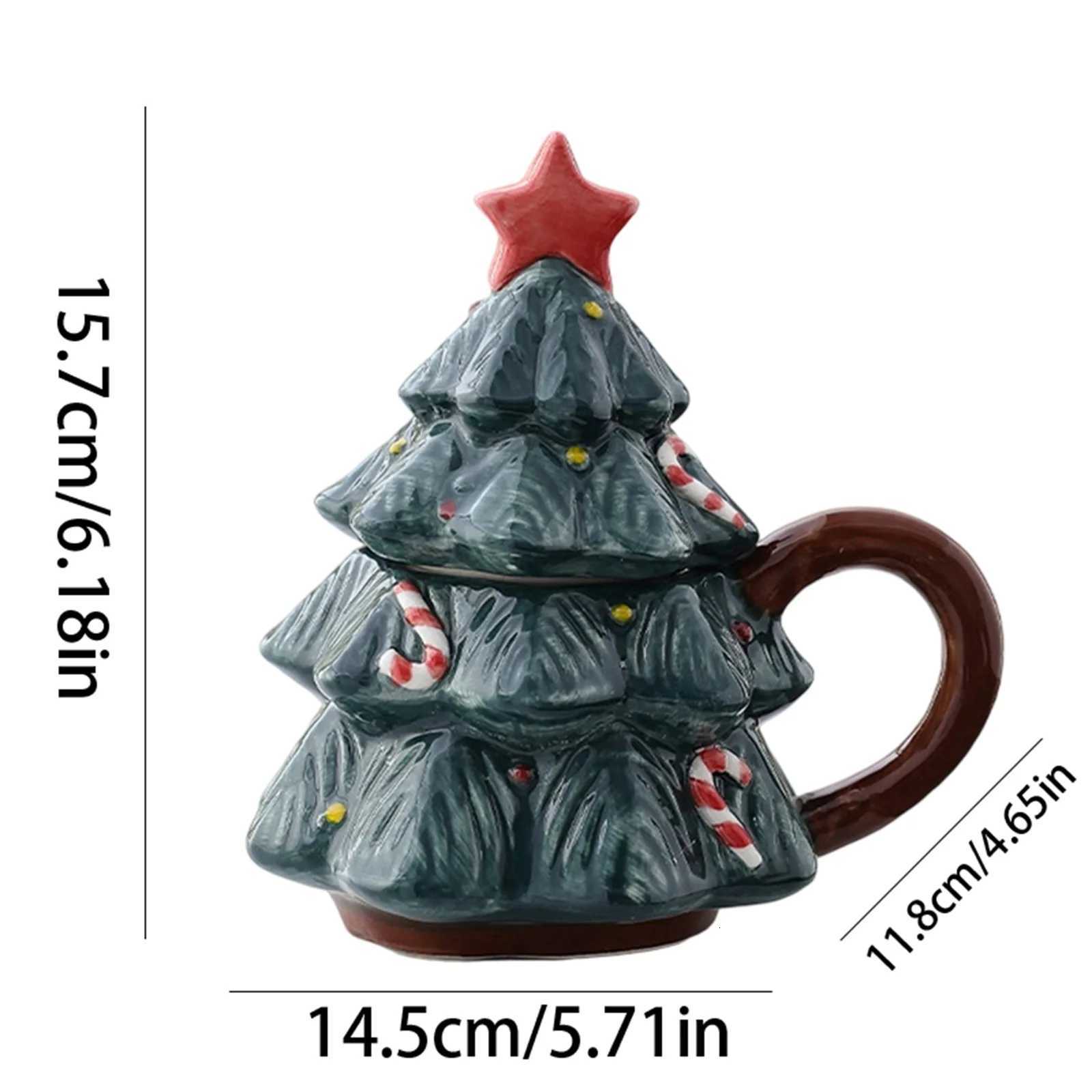 Ceramic Christmas Tree Mug with Lid and Brown Hand Grip Star Coffee Mug Party Cups Home Office Dishwasher and Microwave Safe M251206 - view 6