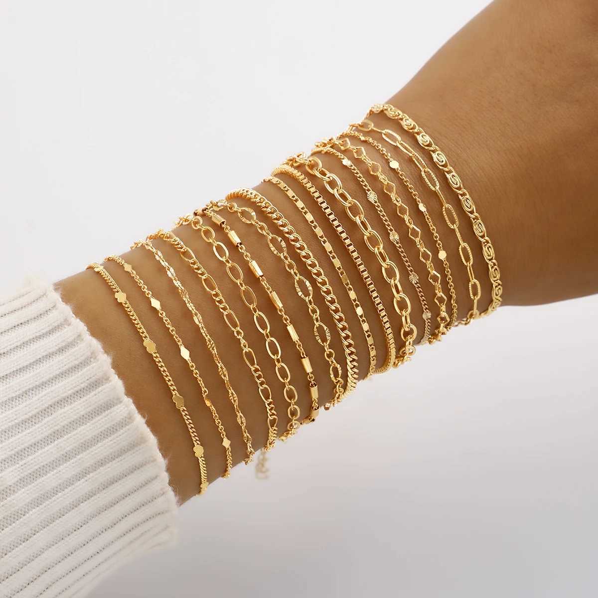 16Pcs/set Boho Cuban Chain Bracelets For Women Retro Stackable Gold Color Bracelets Sets Trendy Versatile Holiday Party Jewelry W251206