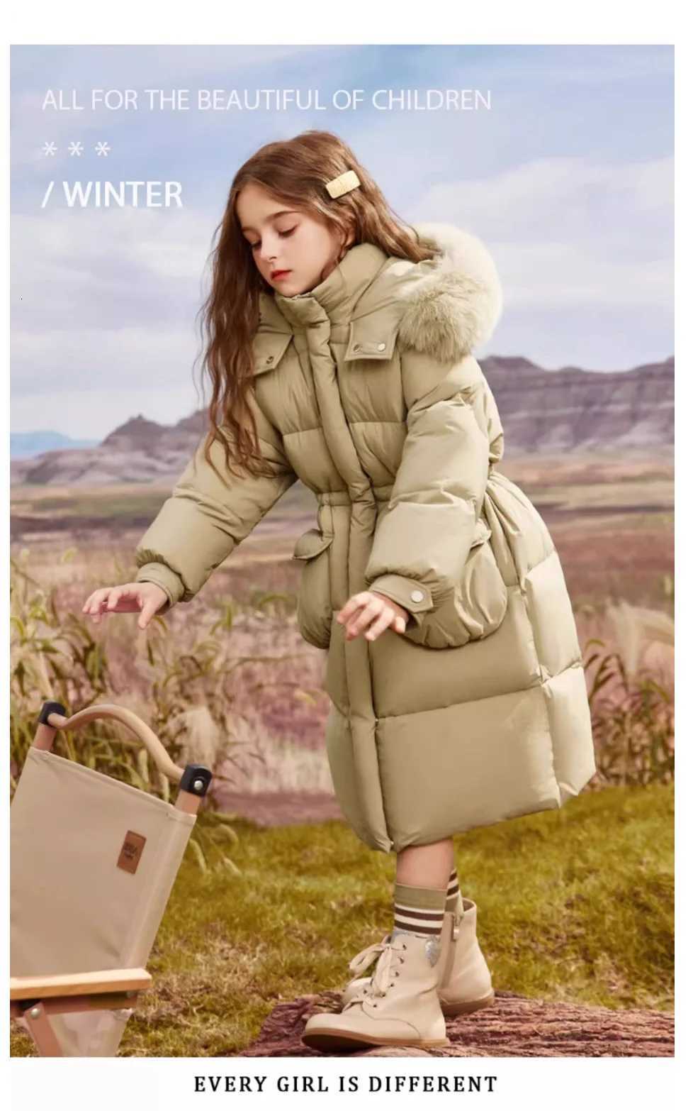 2024 new winter girls down padded jacket medium long coat 5-14 years old childrens thick coat girls woolen collar padded coatW251206