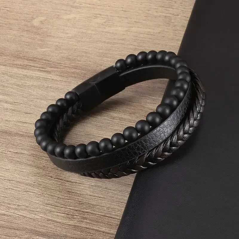 Vintage Punk Hand Woven Three Layer Leather Black Beaded Bracelet Magnetic Bracelet Clasp Mens Charm Business Event Jewelry W251206
