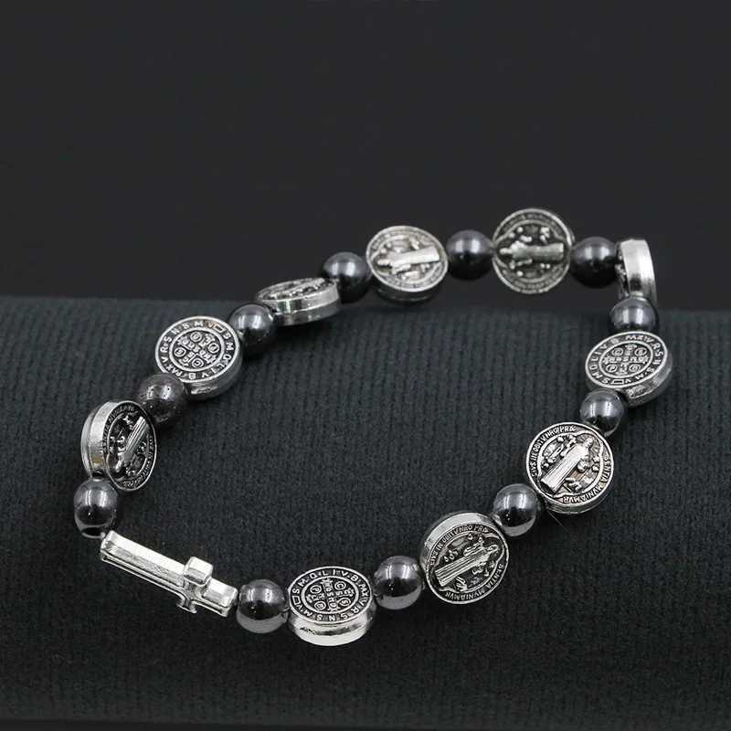 VILLWICE Catholic Rosary Bracelet St Benedict Medal Cross Prayer Bracelets Hematite Beads Religion Jewelry Accessories W251206