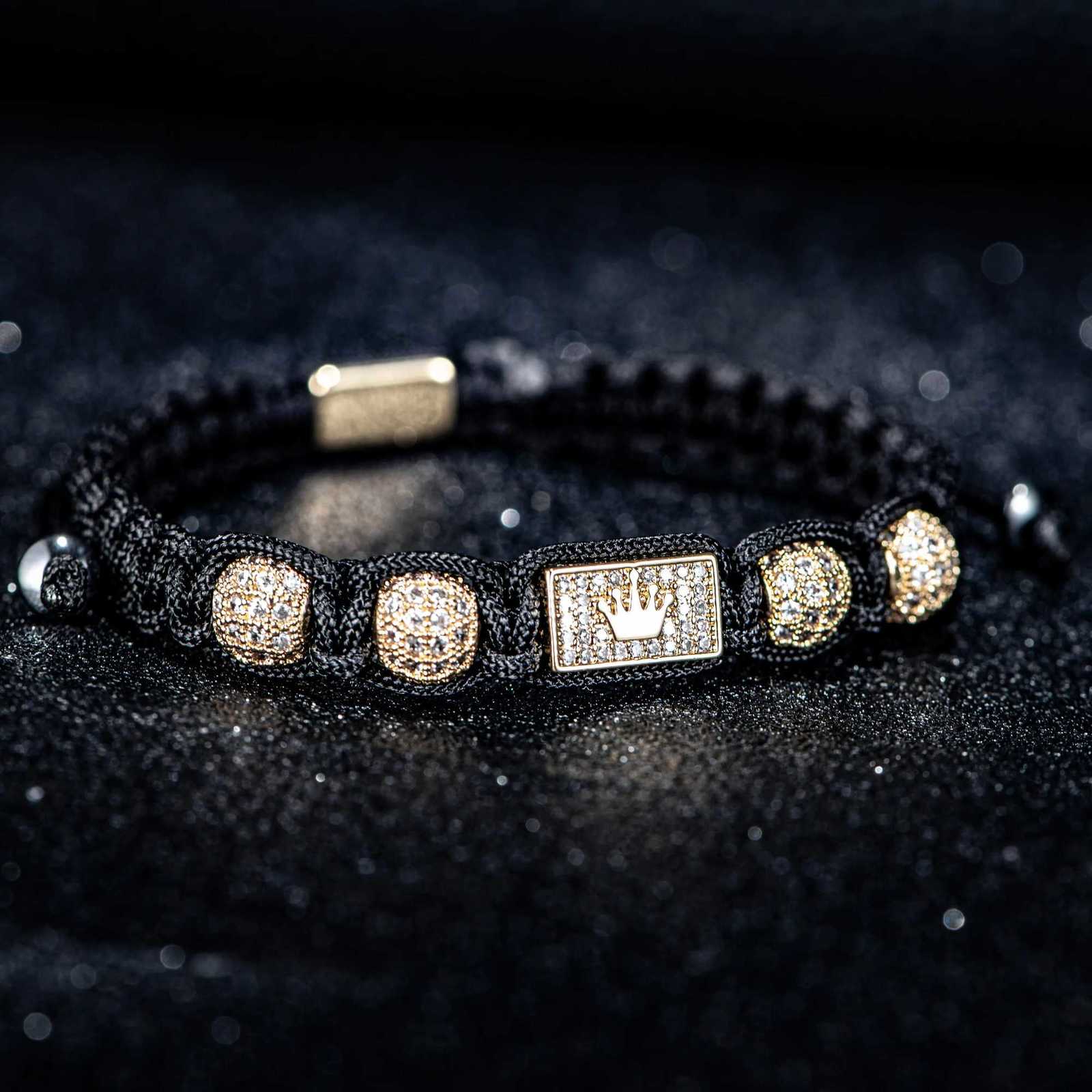 New Mens Adjustable Black Braided Crown Design Bracelet with Sparkling Synthetic Zirconia Stones Elegant GoldenTone Rectangular W251206