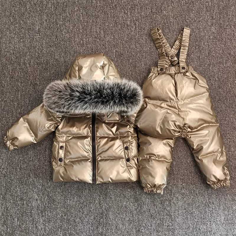 RAISE Winter Children Boy 2PCS Clothing Set Real Fur Waterproof Duck Down Jacket Snowsuit Kid Boy Skiny Sticker Overall Ski SuitW251206