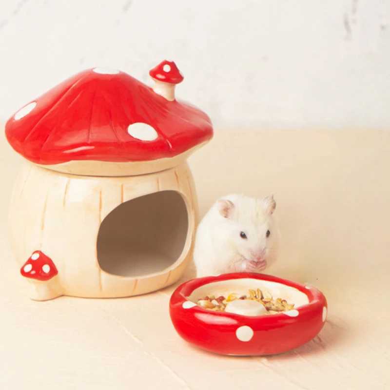 Cute Ceramic Mushroom Hamster Nest Small Pet Hideout Water Bottle Food Bowl Golden Bear Ferret Rat Furniture Sleephouse M251206