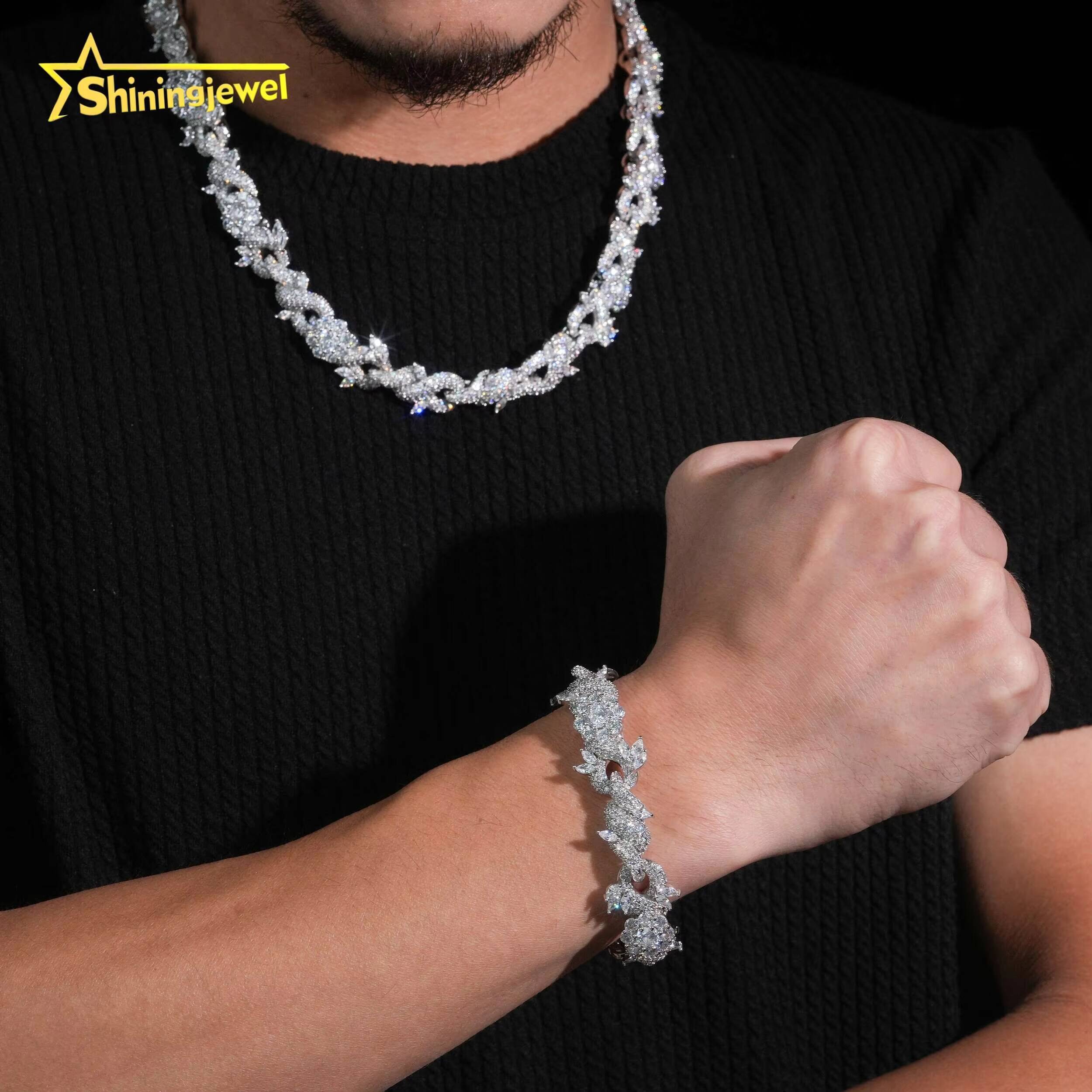 Luxury 15mm Flower Cuban 925 Sterling Silver Hip Hop Jewelry Iced Out Moissanite Infinity Link Chain