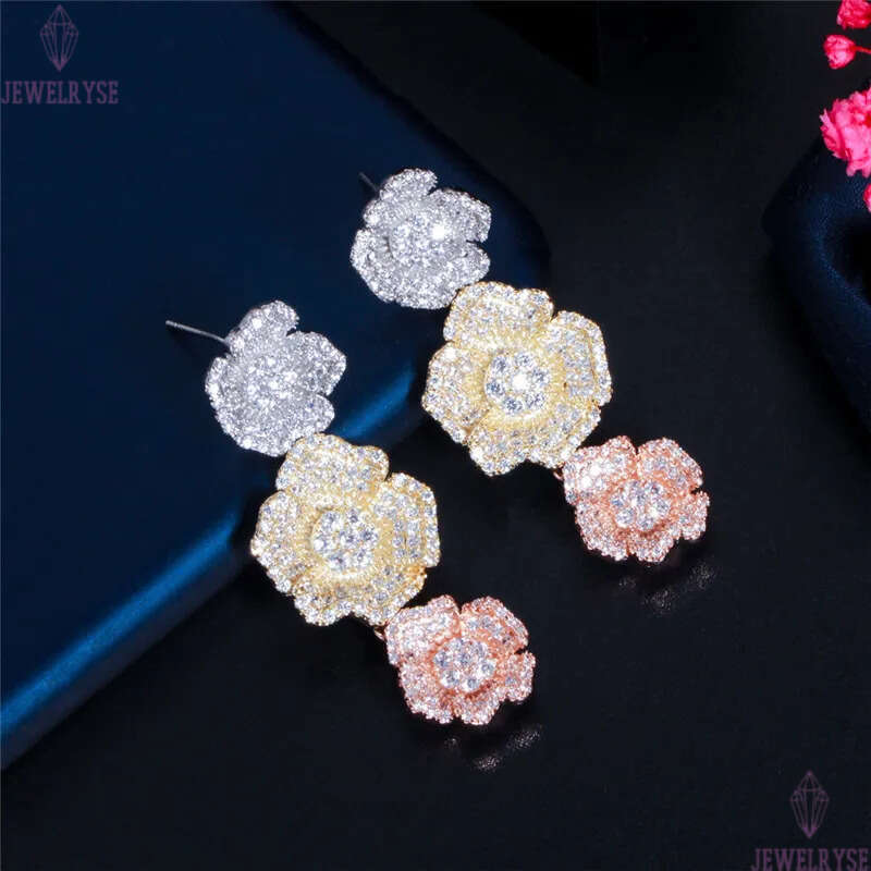 Vinage parkling charm flowers 18k gold diamond earring designer for woman pary 925 Serling Silver Pos Purple AAA Cubic Zirconia Rose Gold Women Earrin