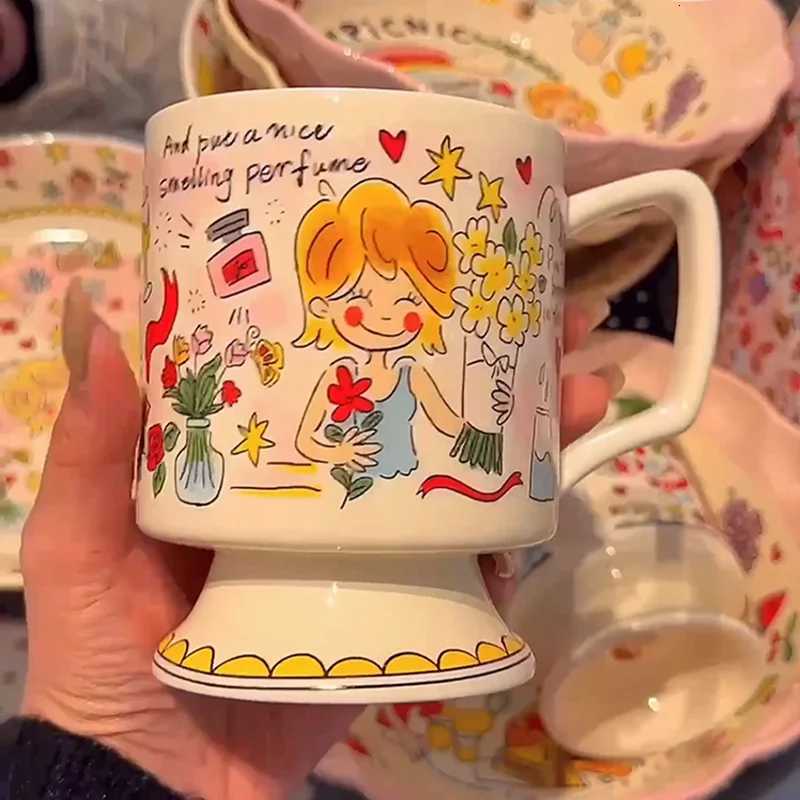 Vigorous Girls High Cup French Coffee Cup Handpainted Cute Cartoon Task Breakfast Bowl Handmade Tea Cup Saucer Set Cute Gift M251206 - view 7