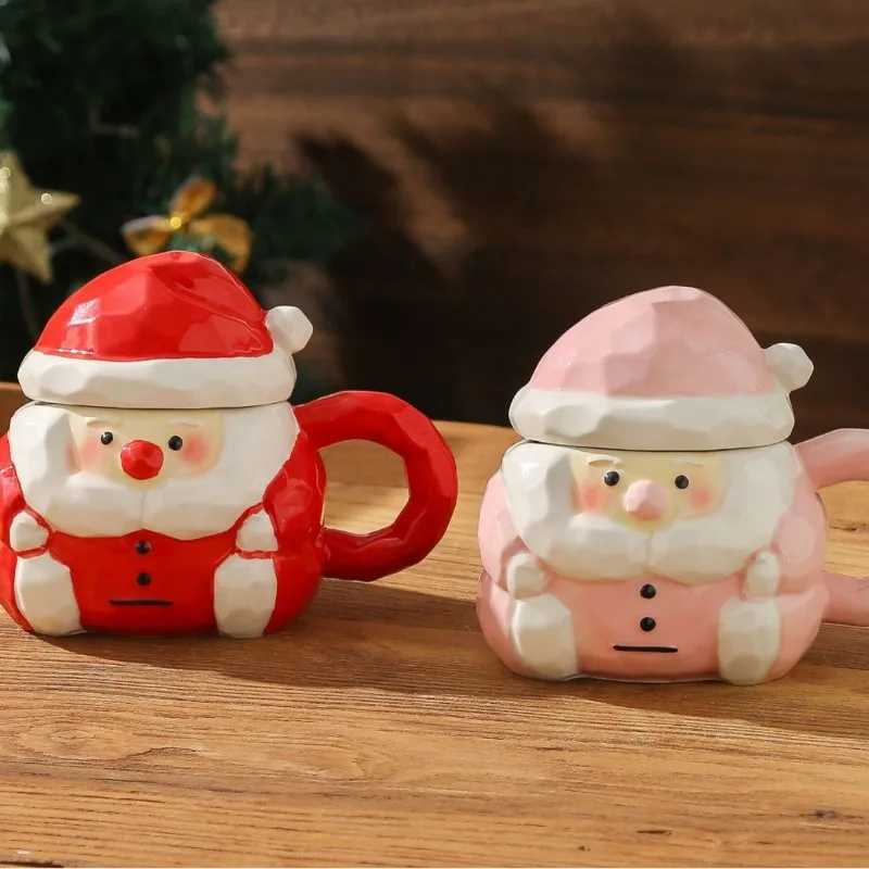 Santa Claus Mug Creative Ceramic Coffee Cup with Lid Embossed 3D Breakfast Milk Mug Afternoon Tea Flower Tea Cup Christmas Gift M251206 - view 3