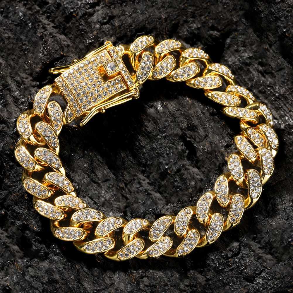 HipHop Men Women 13MM Prong Cuban Link Chain Bracelet Bling Iced Out 2 Row Rhinestone Paved Miami Rhombus Cuban Chain Jewelry W251206