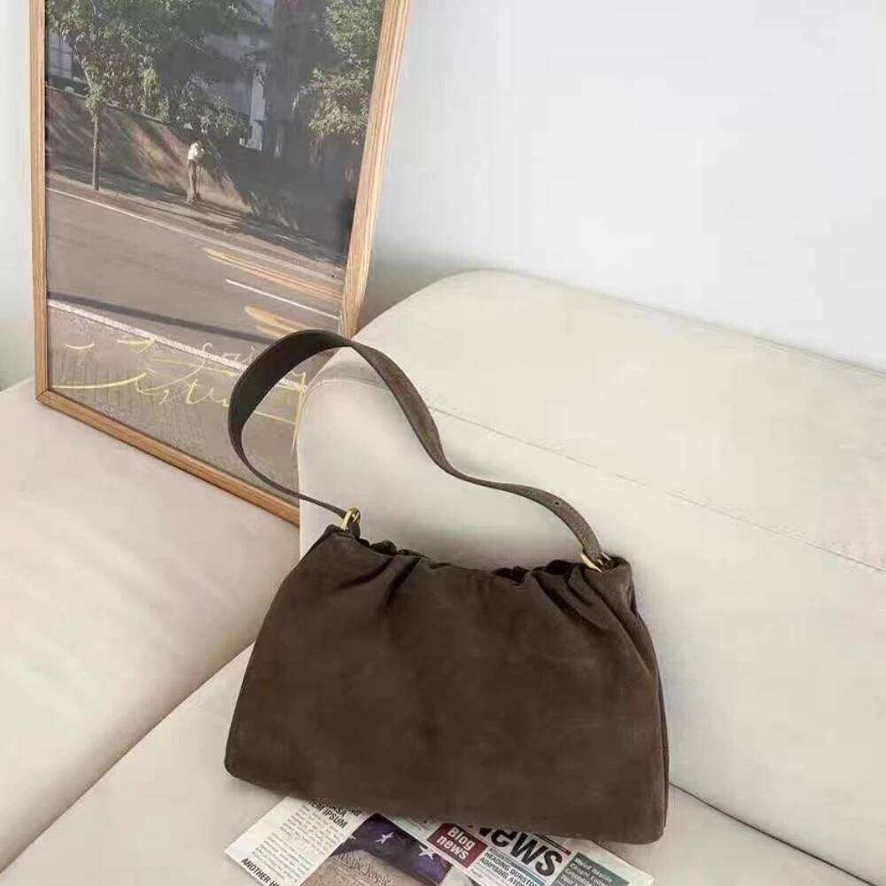 Luxury Bag Designer Shoulder Bags Totes Hobo Ruched Korean Kakhi Coffee Designer Armpit Bag Straps Real Matte Suede Cow Leather Women Handbag Chamois 