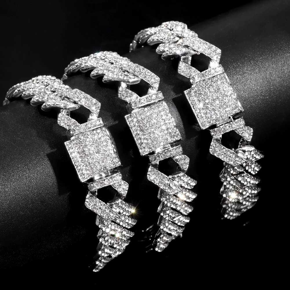 7/8/9inch 14MM Cuban Link Chain Bracelets Women Men Rhinestone Paved Prong Cuban Chain Bracelet Wristband Hip Hop Jewelry W251206