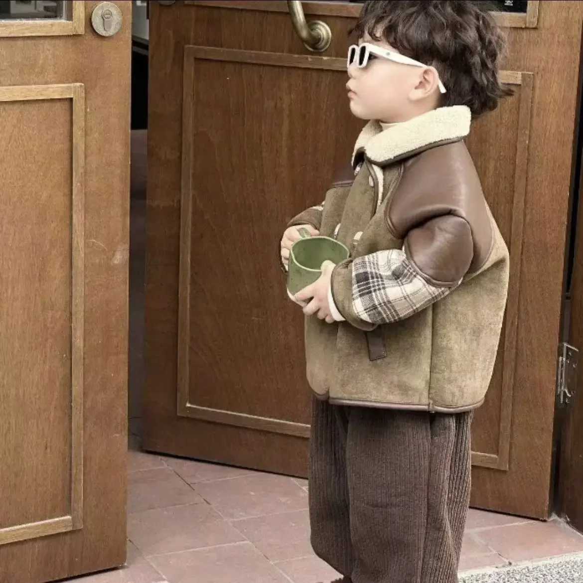 High Quality Kid Boys 2025 New Winter Thick Korean Loose Suede Pu Patchwork Plaid Jacket for Girls Fall Jacket Baby Girl ClothesW251206