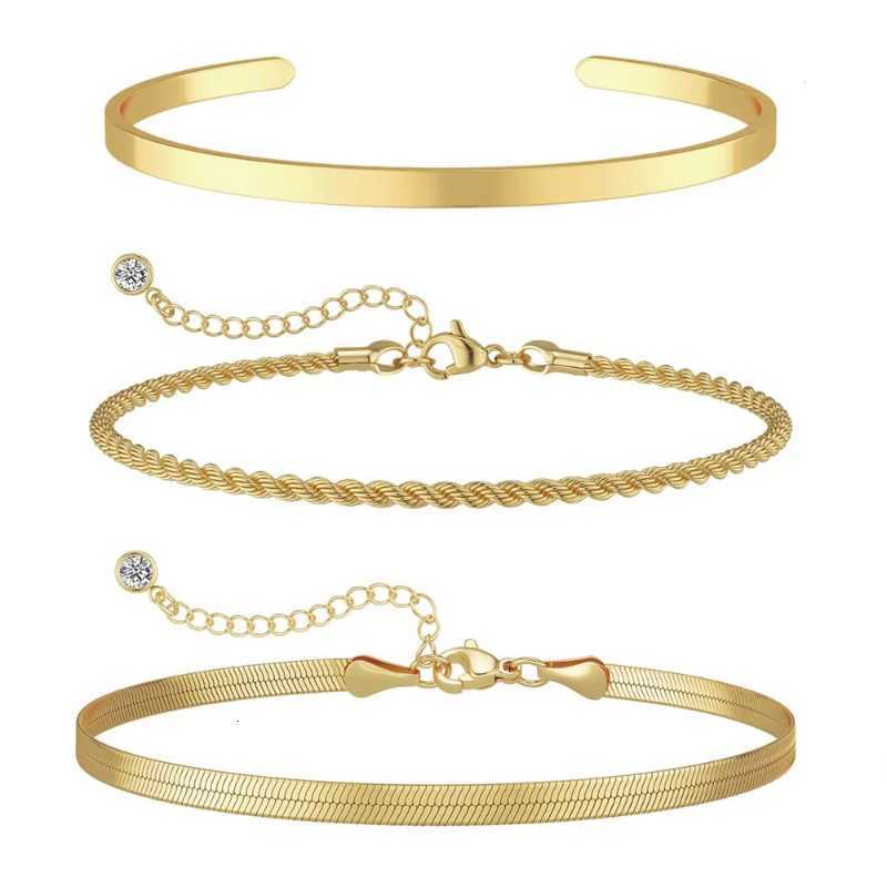 3pcs 14K Gold Plated STAINLESS Waterproof Bracelet Sets for Women Girls Snake Chain Cuban Link Cuff Bangle Stackable Bracelets W251206