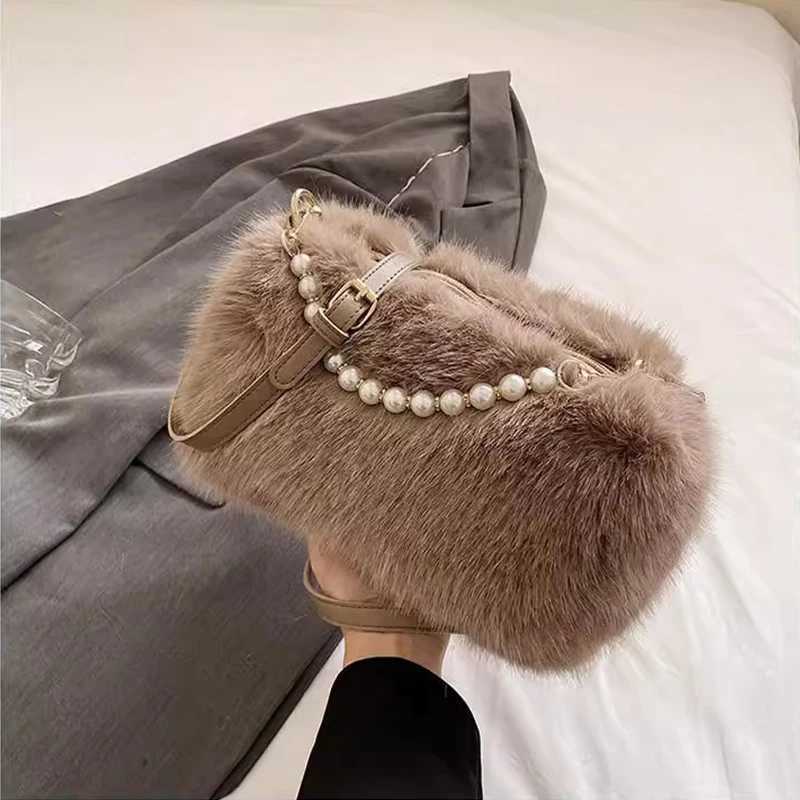 Candy Color Pearl Handle Womens Plush Crossbody Bag Portable Female Furry Handbags Winter Fashion Casual Ladies Shoulder BagsT251206