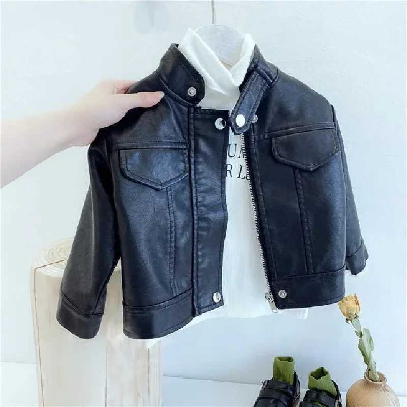 Boys Pu Leather Jackets Spring Autumn Children Handsome Outerwear Kids Zipper Trends Coats Baby Classics Clothes 2-8 YearsW251206